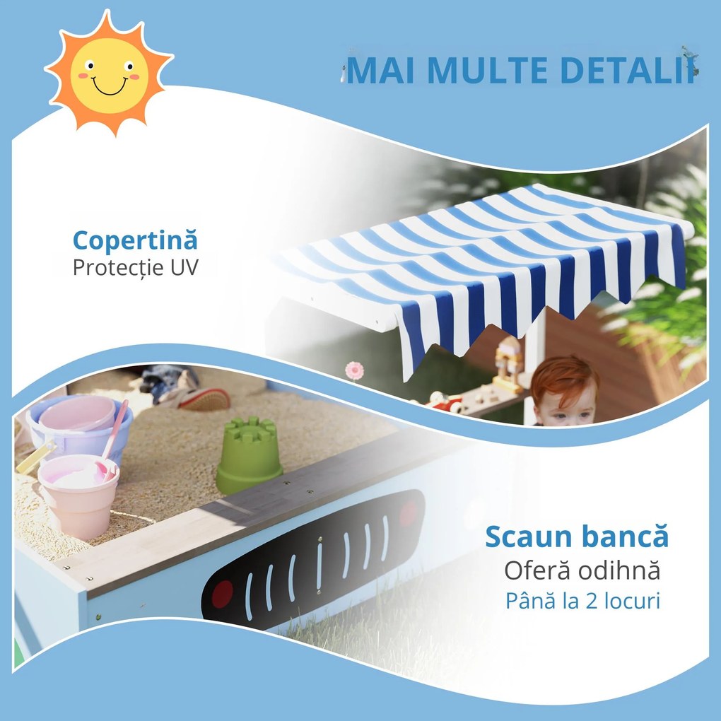 AIYAPLAY Ladă de nisip cu copertină, design magazin alimentar, bancă, tablă de scris, lemn de brad, 104H x 108L x 90B cm, Albastru | Aosom Romania