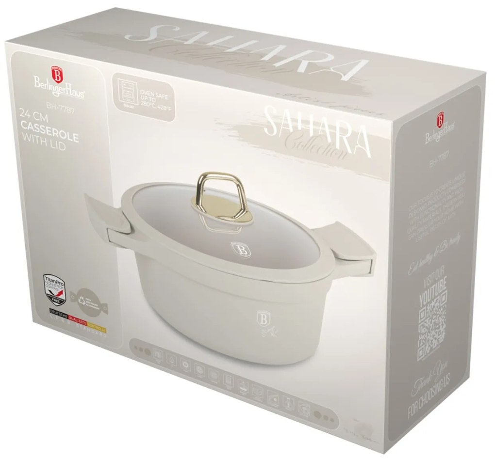 Oală cu capac 24 cm, 4.4L – Berlinger Haus Sahara Collection BH 7787, crem, antiaderentă, ideală pentru gătit zilnic și curățare ușoară