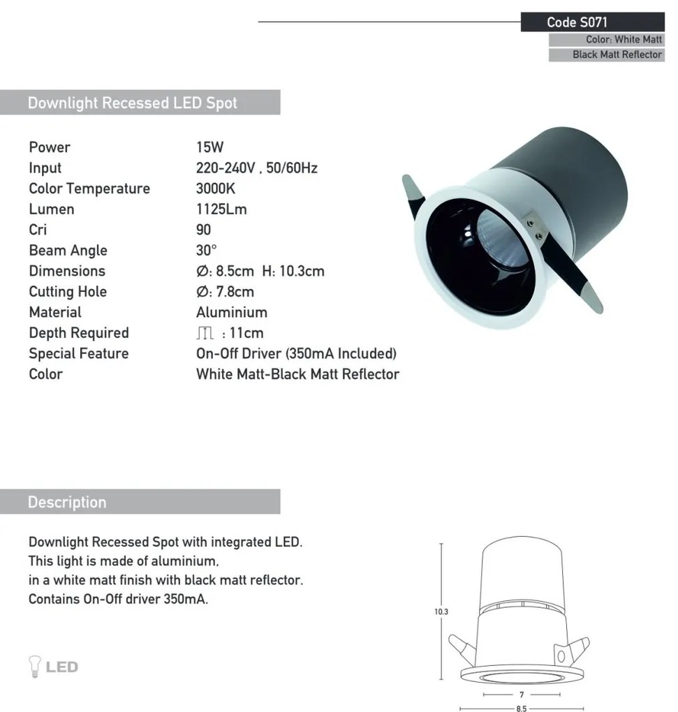 Spot LED incastrabil Trimless 15W D-8,5cm