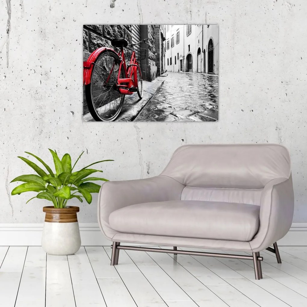 Tablou pe sticlă - Bicicleta roșie pe o stradă pavată (70x50 cm)