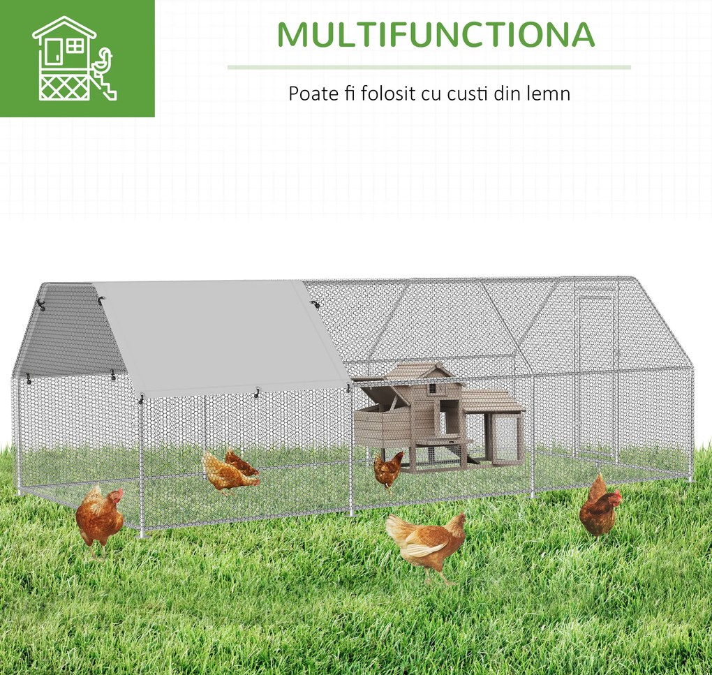 PawHut Țarc Găini Metal Ușă Acoperiș Parțial Spațiu Generos 280x570x195cm Argintiu | Aosom Romania