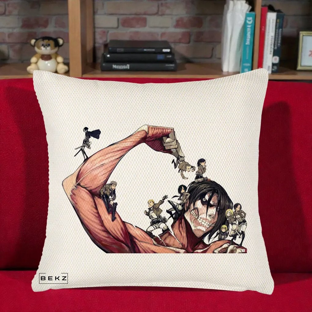 Perna Personalizata Attack on Titan Eren Titan Grup, 40x40 cm, Crem Reliefat, Husa Detasabila, Perna Inclusa, BEKZ®