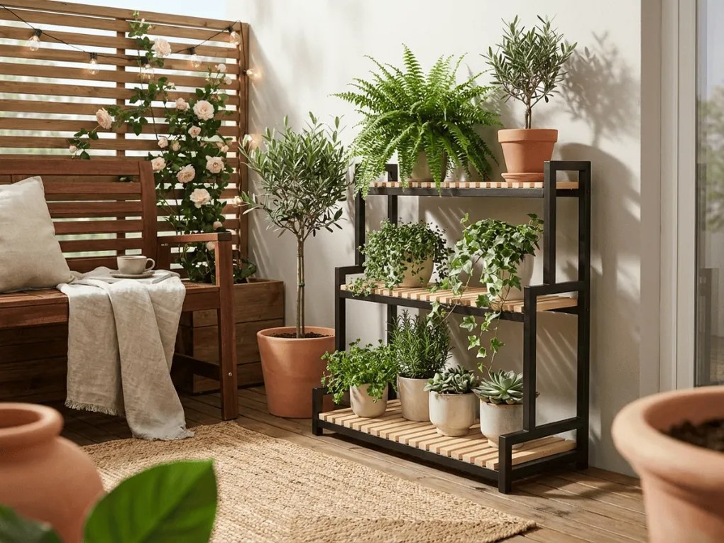 Suport de flori GREENY 3 etajere 95x80 cm, negru / decor stejar