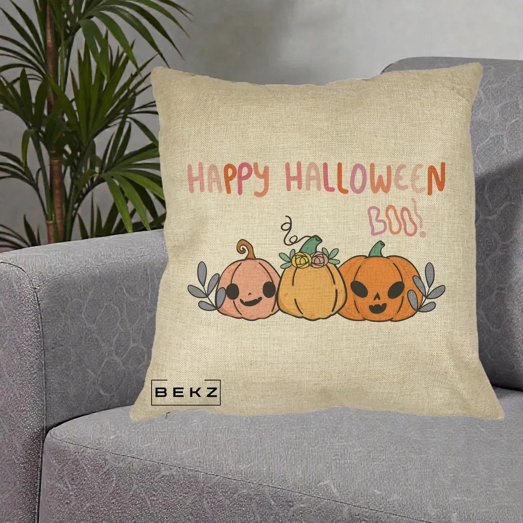 Perna Decorativa Happy Halloween Boo Trei Dovlecei Kawaii, 40x40 cm, Crem, Husa Detasabila, Perna Inclusa, BEKZ®
