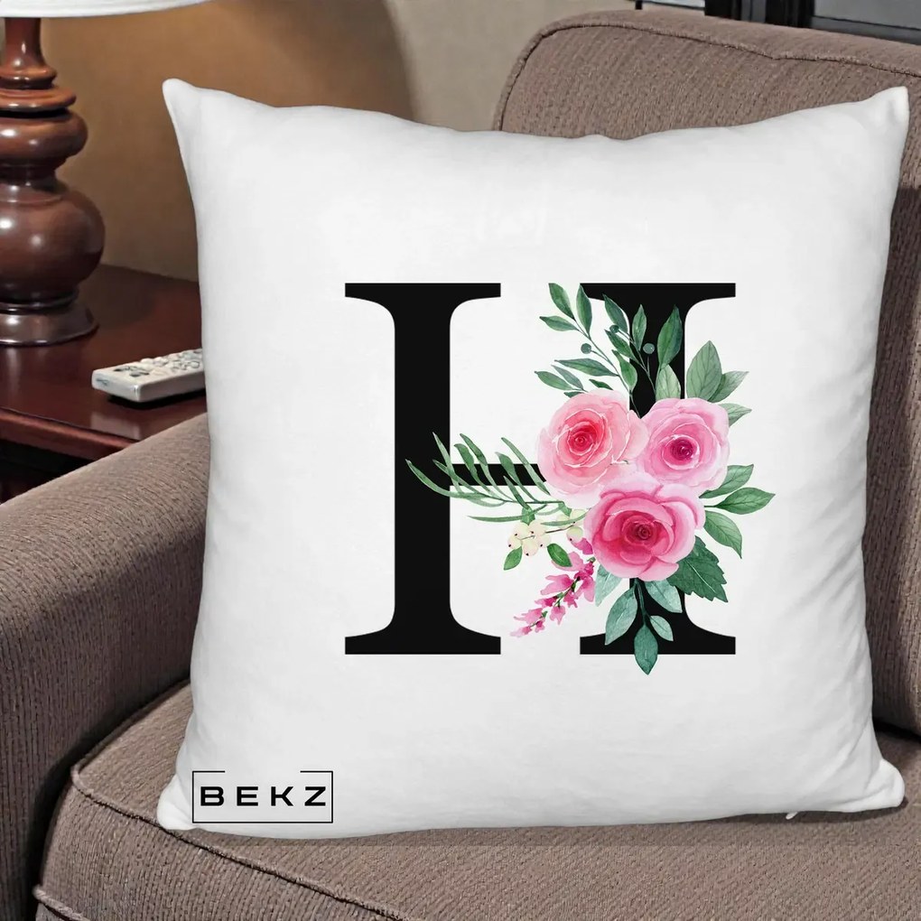 Cadou Personalizat - Perna Personalizata Monograma Florala Litera H cu Trandafiri Roz, 40x40 cm, Alb Pufos, Husa Detasabila, Perna Inclusa, BEKZ®