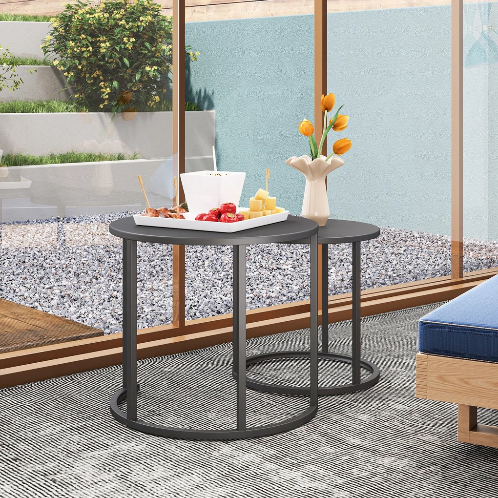 Outsunny Set de 2 măsuțe laterale stivabile masă rotundă de grădină rezistentă la intemperii masă de balcon din oțel economisitoare de spațiu gri închis | Aosom Romania