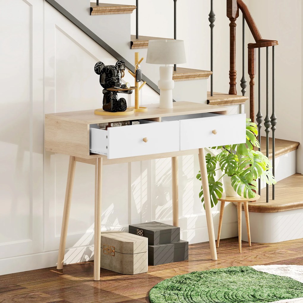HOMCOM Masă de consolă cu 2 sertare și picioare din lemn, pentru living, intrare, hol, 86 x 35 x 75 cm, stejar și alb | Aosom Romania