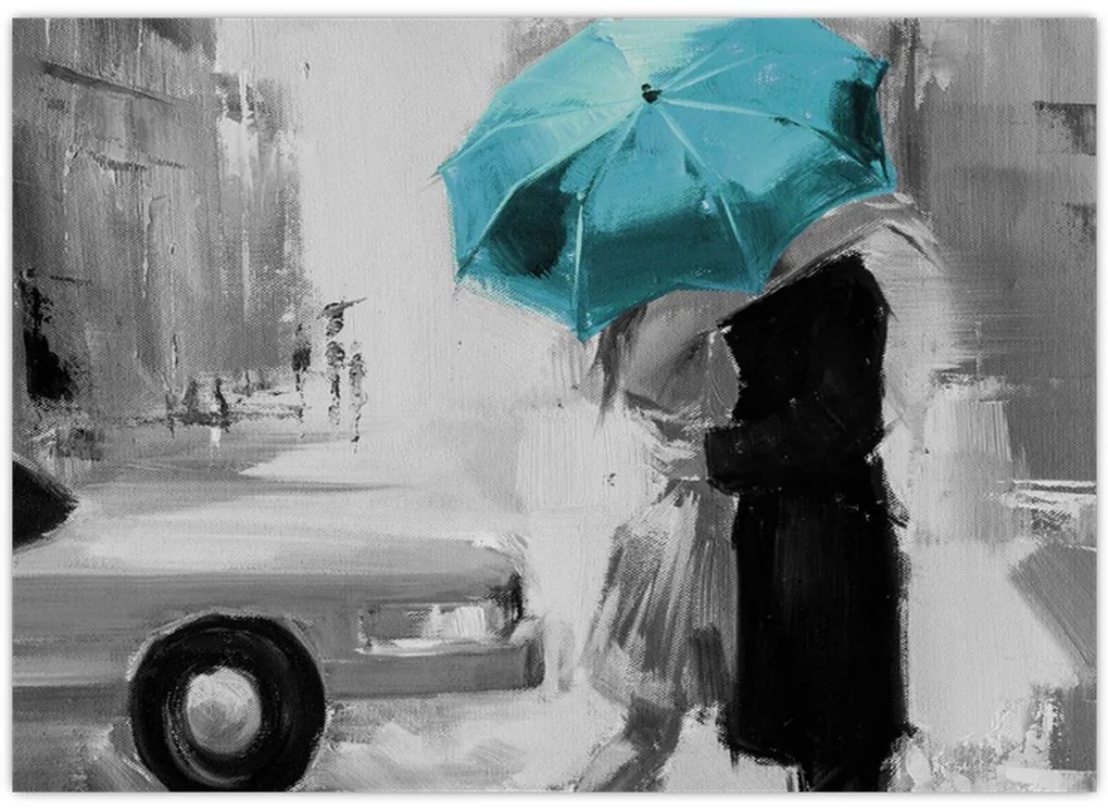 Tablou pe sticlă - Cuplu în dragoste cu umbrelă, albastru (70x50 cm)