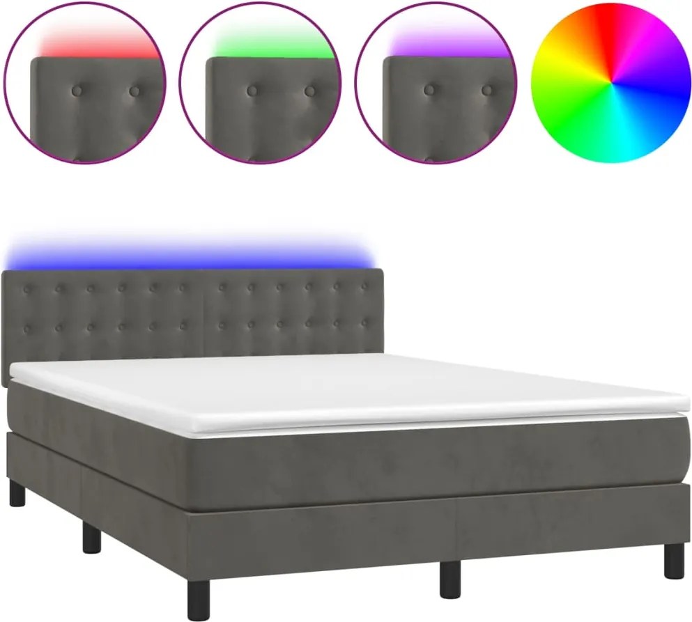 vidaXL Pat cu arcuri, saltea și LED, gri închis, 140x190 cm, catifea