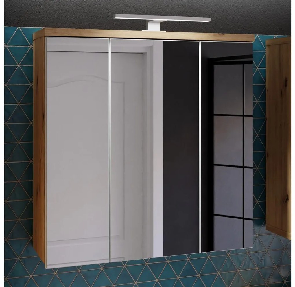 Dulap de baie suspendat cu oglindă VENOM, alb/stejar artisan