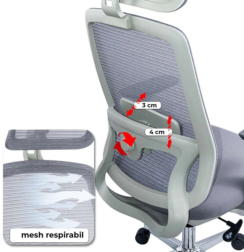 Scaun birou ergonomic gri din mesh respirabil și brațe 3D reglabile OFF 403
