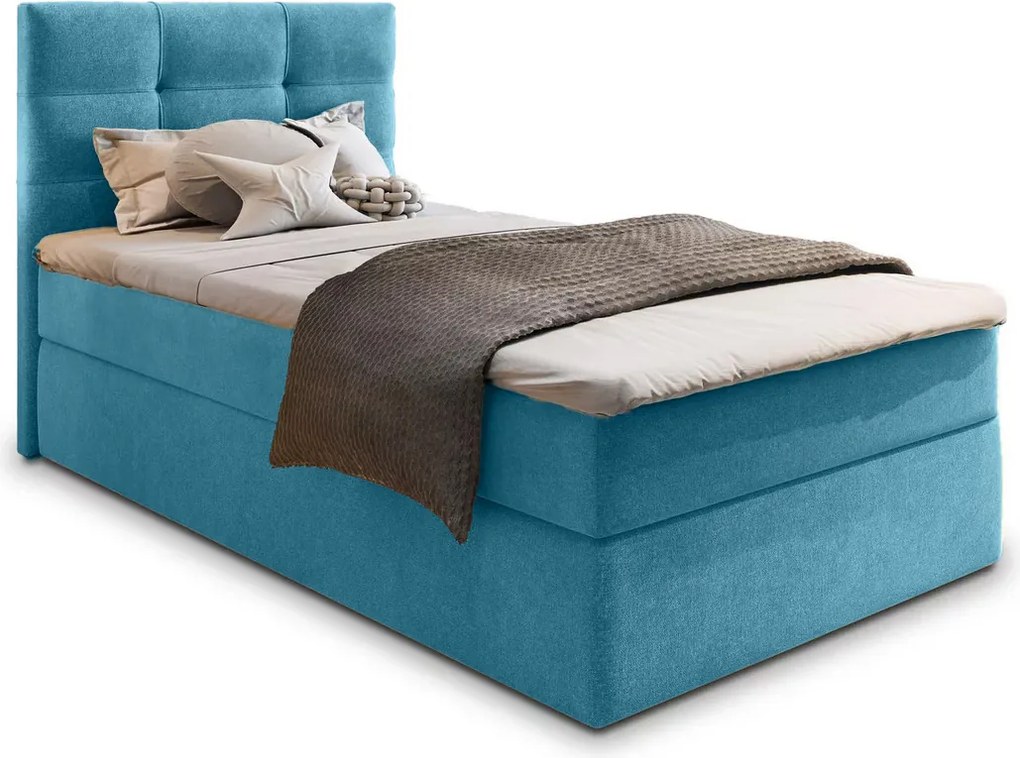 Pat boxspring tapițat GLORIEN VELVET 90x200 cm albastru Saltea: Saltea cu arcuri Bonell