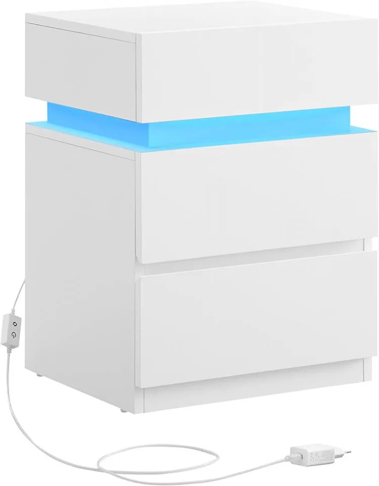 NOA28 - Set 2x Noptiere albe 40x35x55 cm, cu 3 sertare si LED, dormitor - Alb