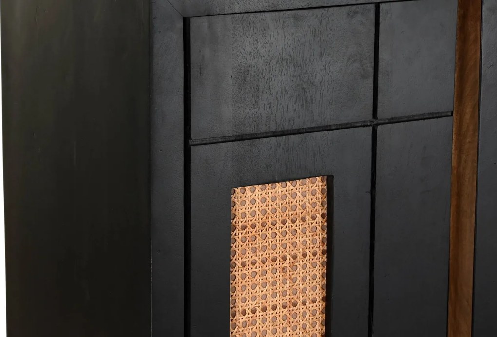 Bufet negru retro, din lemn de mango, cu 4 uși cu panouri din ratan împletit și picioare înclinate din metal, 90 x 160 x 40 cm, „Chaumont”