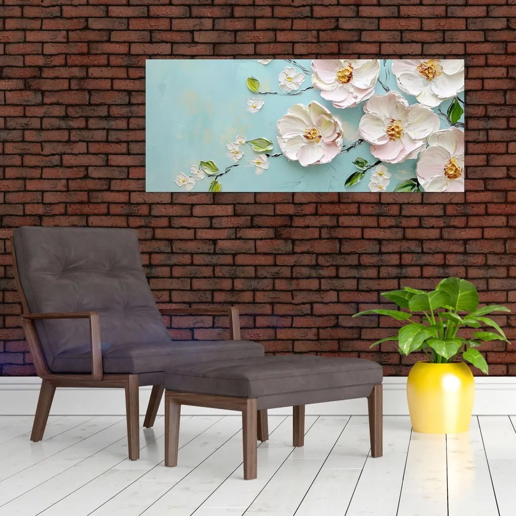 Tablou - Flori pe fundal albastru (120x50 cm)