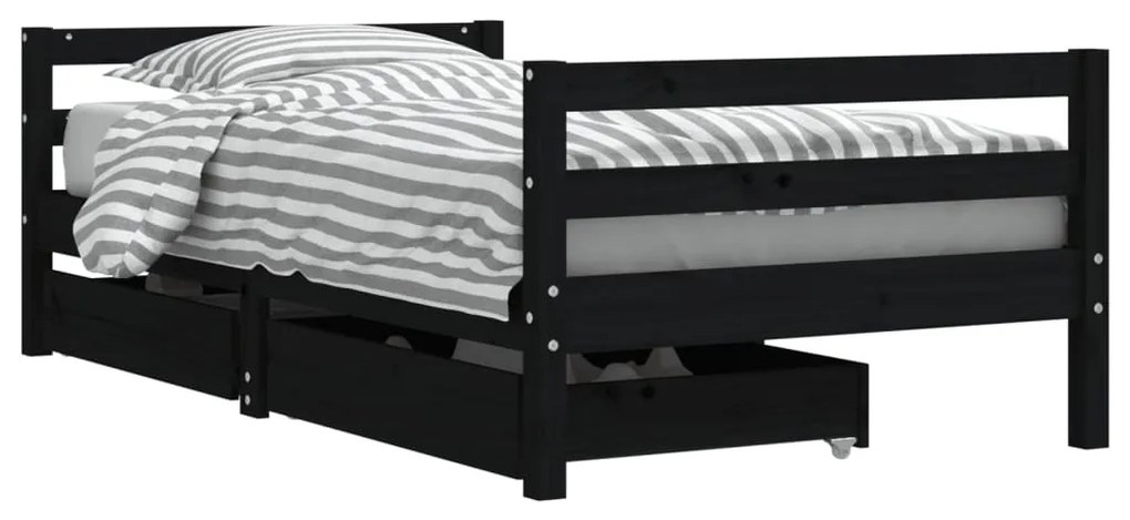 834446 vidaXL Cadru de pat copii cu sertare, negru, 80x160 cm, lemn masiv pin