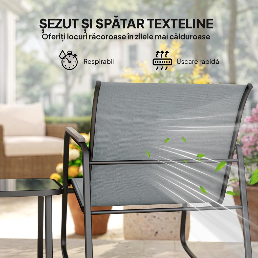 Outsunny Set Bistro din 3 Piese, Set de Grădină cu 2 Scaune de Exterior cu Mișcare de Legănare din Textilenă Respirabilă, Masă cu Blat din Sticlă, Set Masă și Scaune din Oțel pentru Terasă și Balcon, Gri | Aosom Romania