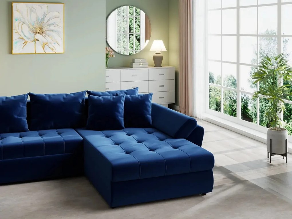 Colțar extensibil dumonde cu ladă de depozitare si sezut confortabil din spuma high-density, Loana U Royal Blue 355x185 cm