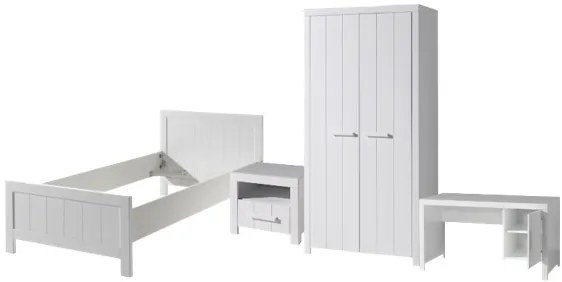 Set Mobilier Cameră Copii ERIK: Pat 90x200 cm, Dulap 2 Uși, Birou și Noptieră, Alb – Vipack