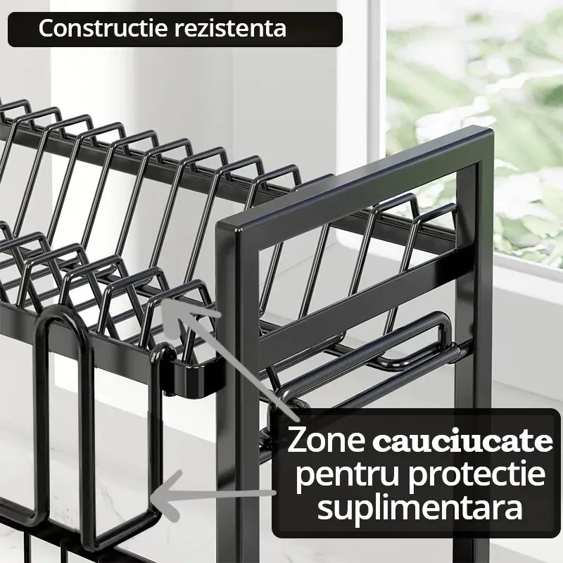 Scurgator vase chiuveta etajat, cu protectii cauciuc, suport pahare si tacamuri, tub de scurgere, negru, 43x39x21cm