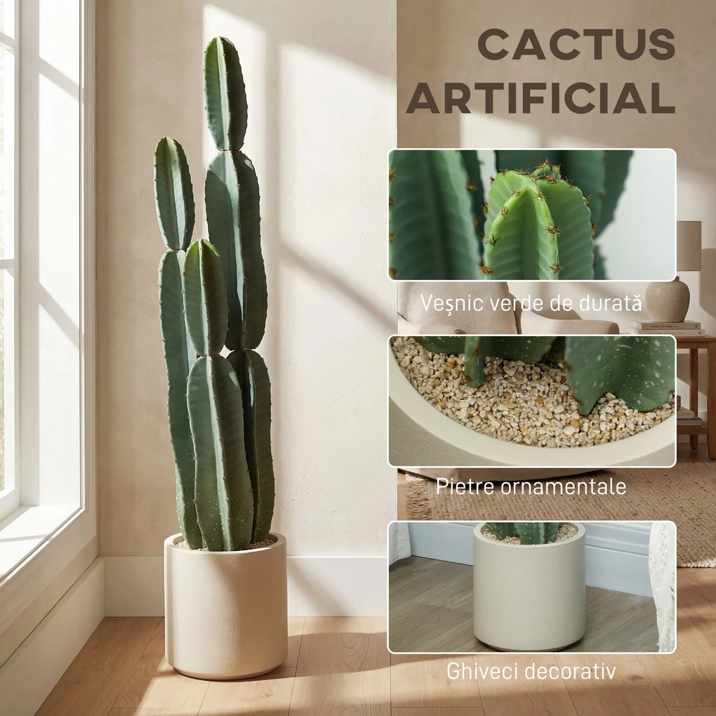 HOMCOM Plantă artificială cactus cu 3 tulpini din EVA, cu ghiveci din PP, decor pentru living, 25 x 25 x 111 cm, verde | Aosom Romania