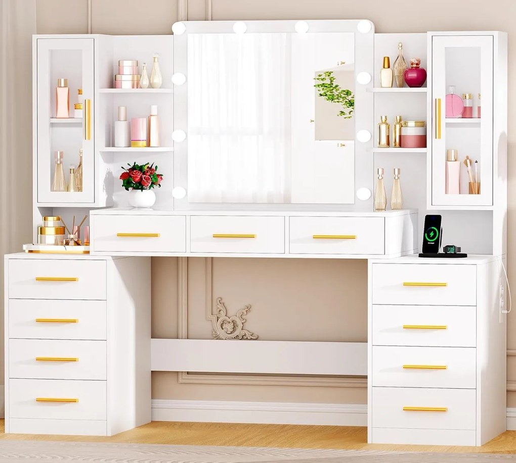 Set Masa toaleta alba 160 cm, cu Priza si USB, cosmetica, machiaj, oglinda cu LED, masuta vanity cu Blat de Sticla, make-up - SEA437