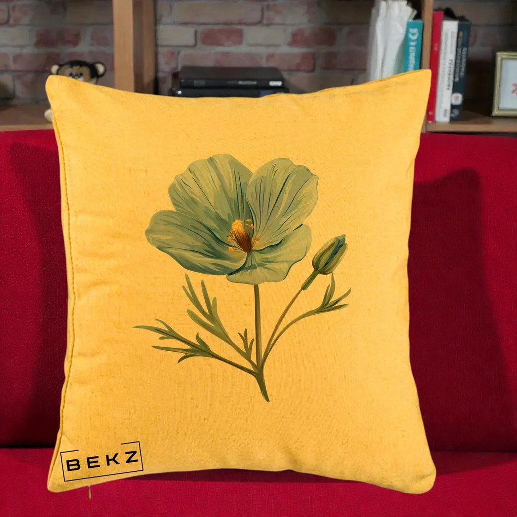 Perna Decorativa Mac Albastru Acuarela, 40x40 cm, Galben, Husa Detasabila, Perna Inclusa, BEKZ®