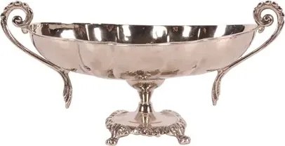 Bol de servire oval din alamă lucrată manual, argintiu, pe picior, cu două mânere, fructieră și centru de masă, 15 x 34 x 16 cm, „Sheffield”