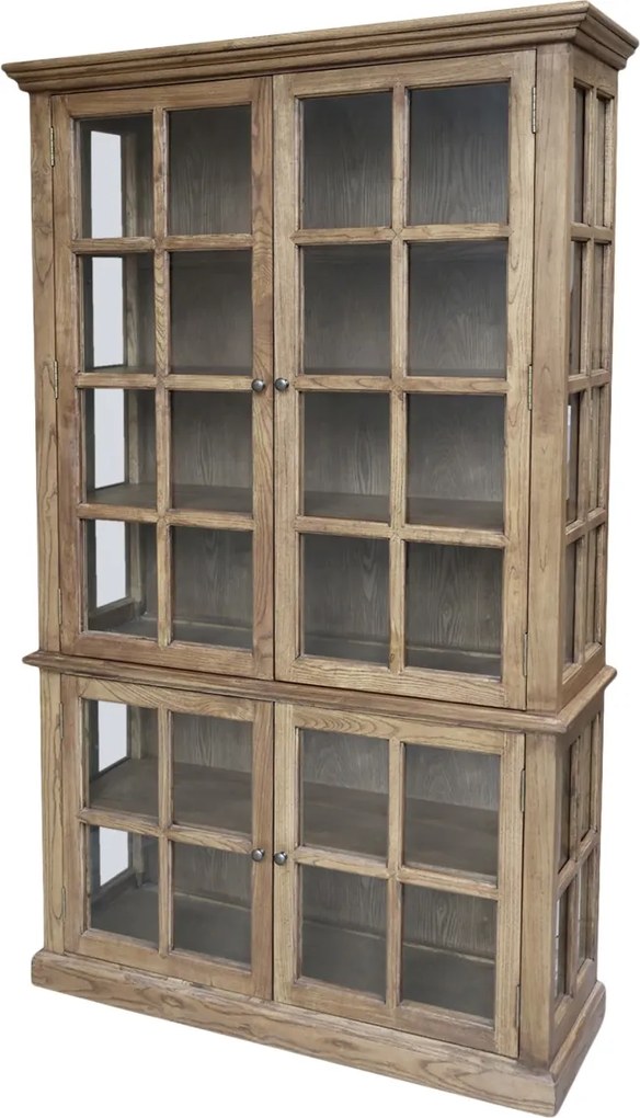 Vitrină rustică din lemn, natur, cu 4 uși vitrate, 4 rafturi și laterale din sticlă, finisaj natural, 196 x 120 x 40 cm, „Marseille”