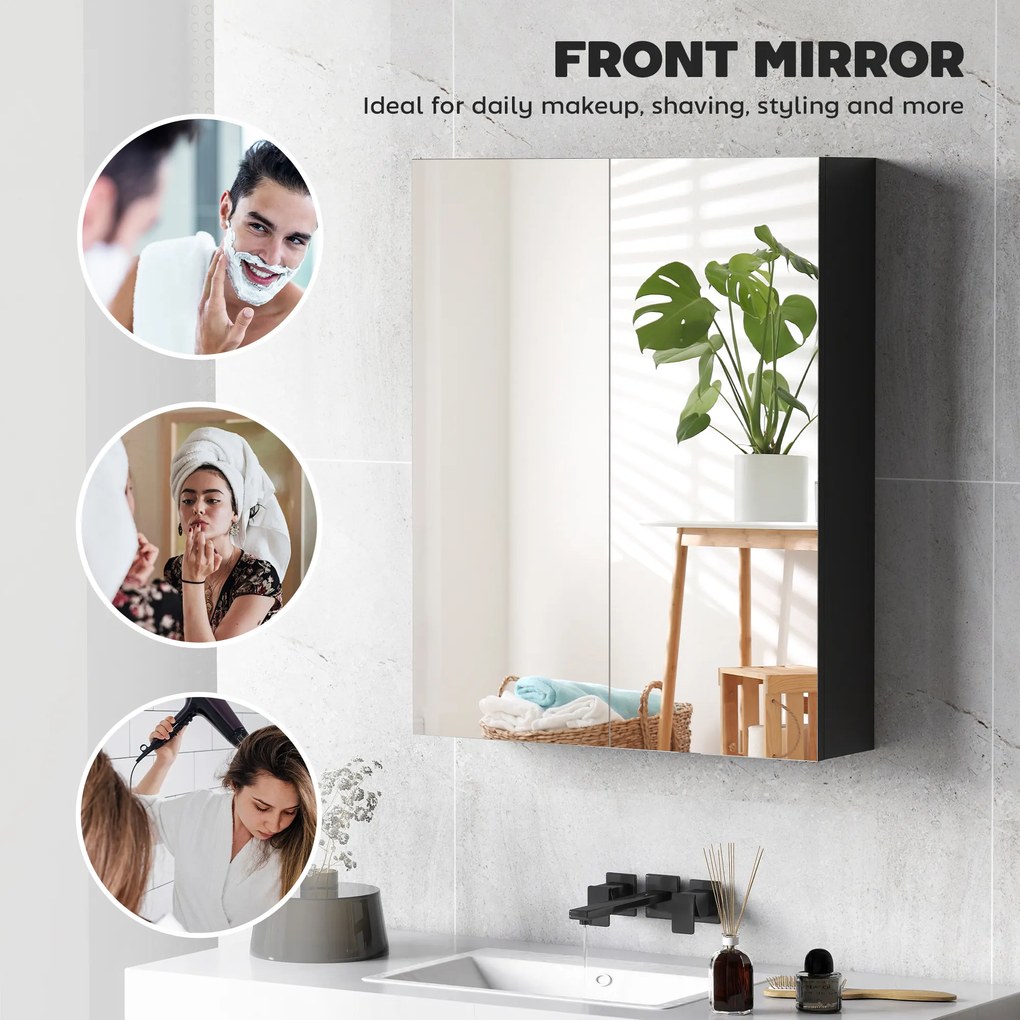 HOMCOM Dulap Suspendat de Baie cu 2 Uși cu Oglindă și 2 Rafturi Interne 60x15x75cm, Negru | Aosom Romania