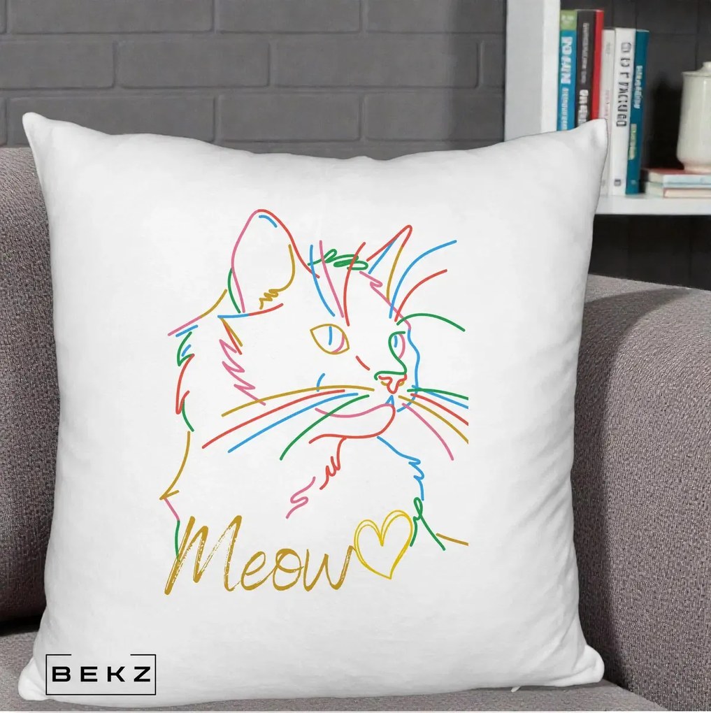 Perna Personalizata Pisica Meow Arta Linie Colorata, 40x40 cm, Alb Pufos, Husa Detasabila, Perna Inclusa, BEKZ®