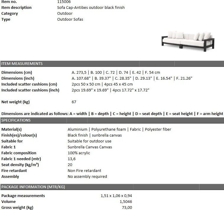 Canapea pentru interior si exterior Cap-Antibes, negru 115006 HZ