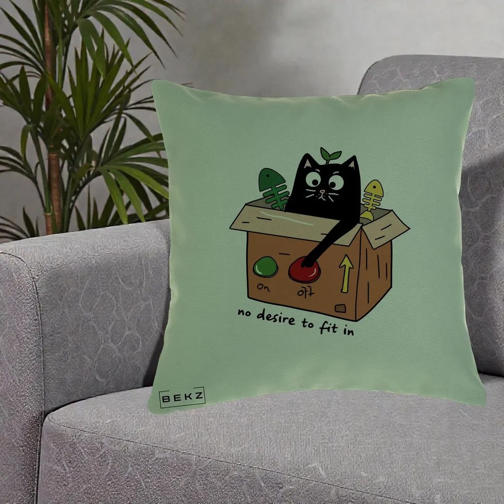 Perna Decorativa Pisica in Cutie No Desire to Fit In, 40x40 cm, Verde, Husa Detasabila, Perna Inclusa, BEKZ®