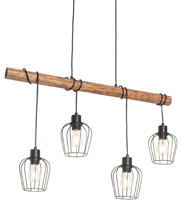 Lampă suspendată rustică neagră cu lemn 4 lumini - Stronk