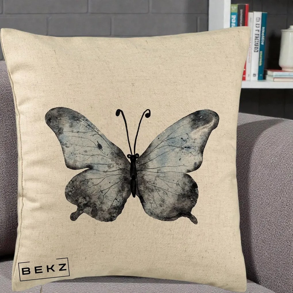 Perna Decorativa Fluture Acuarela Albastru-Gri, 40x40 cm, Bej, Husa Detasabila, Perna Inclusa, BEKZ®