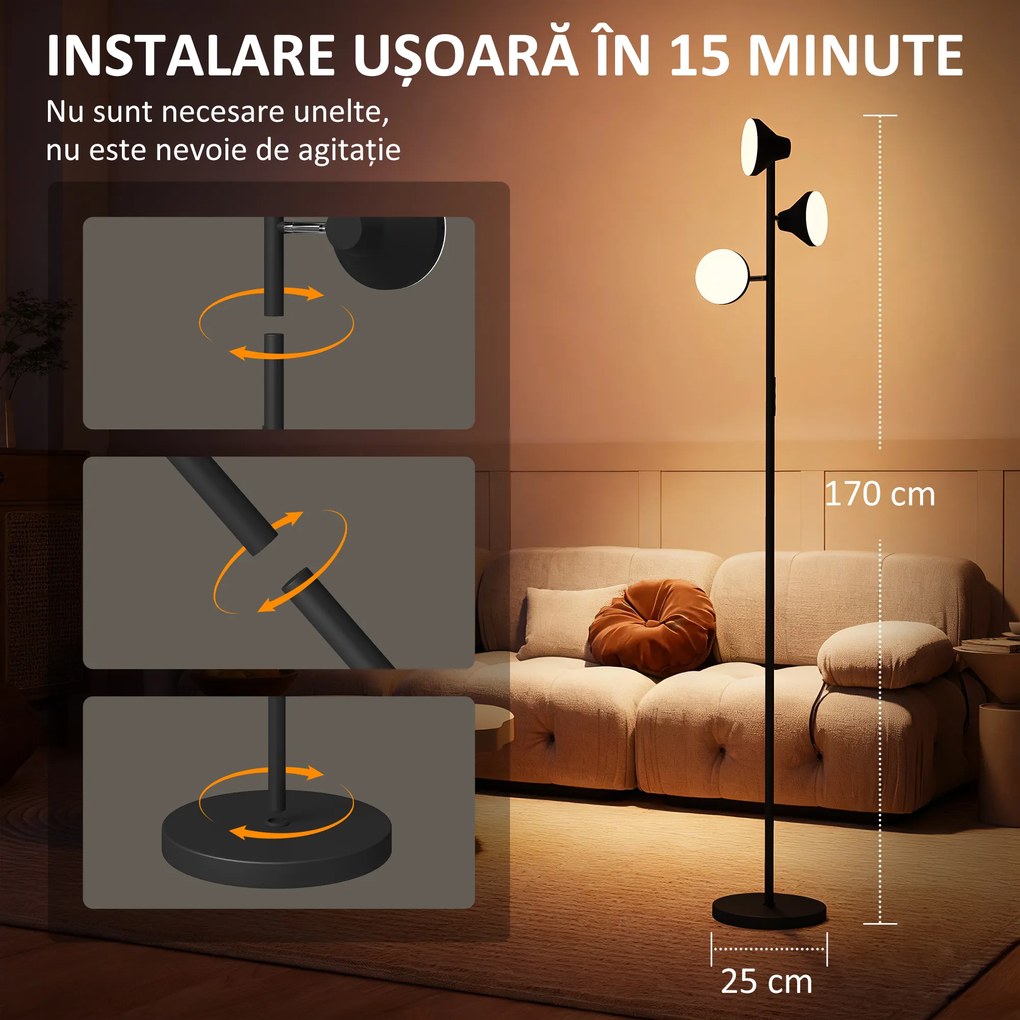 HOMCOM Lampă de Podea cu 3 Capete Reglabile Independent Φ25x170 cm Negru | Aosom Romania
