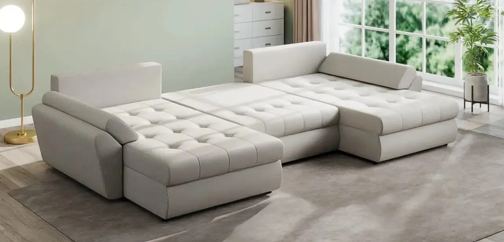 Colțar extensibil dumonde cu ladă de depozitare si sezut confortabil din spuma high-density, Loana U Enjoy Bej 355x185 cm