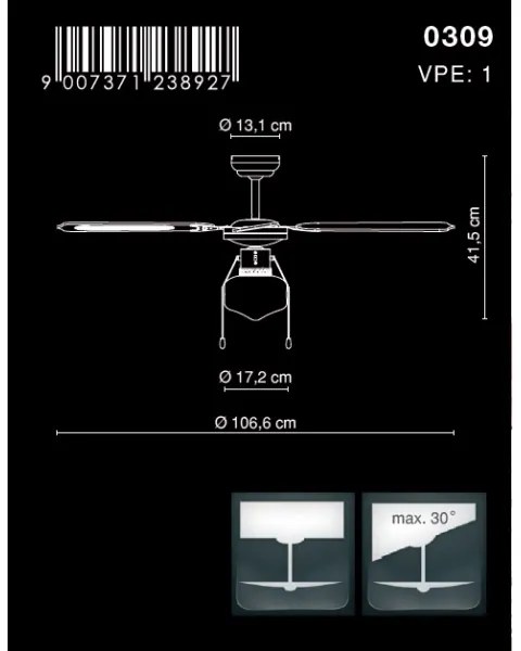 GLOBO 0309 - Ventilator de tavan CHAMPION 1xE27/60W/230V