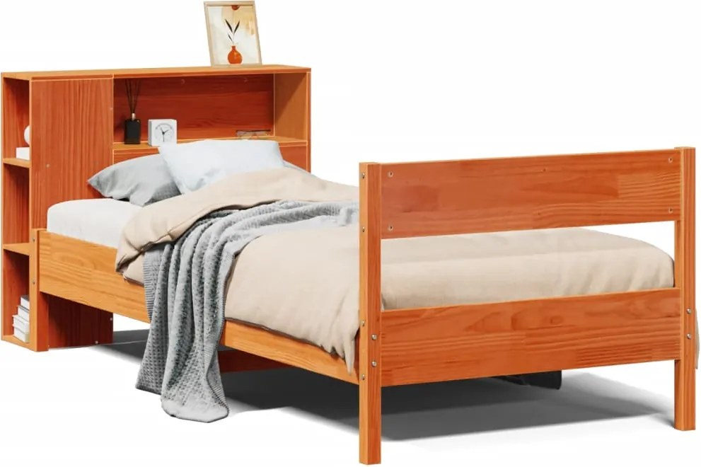 vidaXL Pat bibliotecă fără saltea maro ceruit 75x190 cm lemn masiv pin