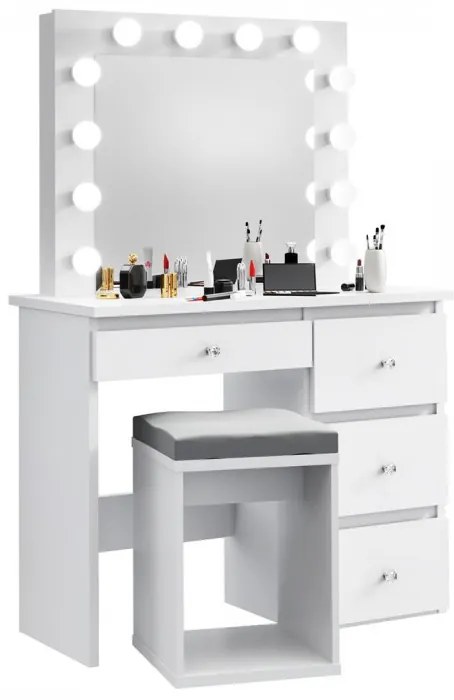 SEA538 - Set Masa toaleta, 94 cm, cosmetica machiaj oglinda masuta vanity, oglinda cu LED-uri cu sau fara scaun - Alb