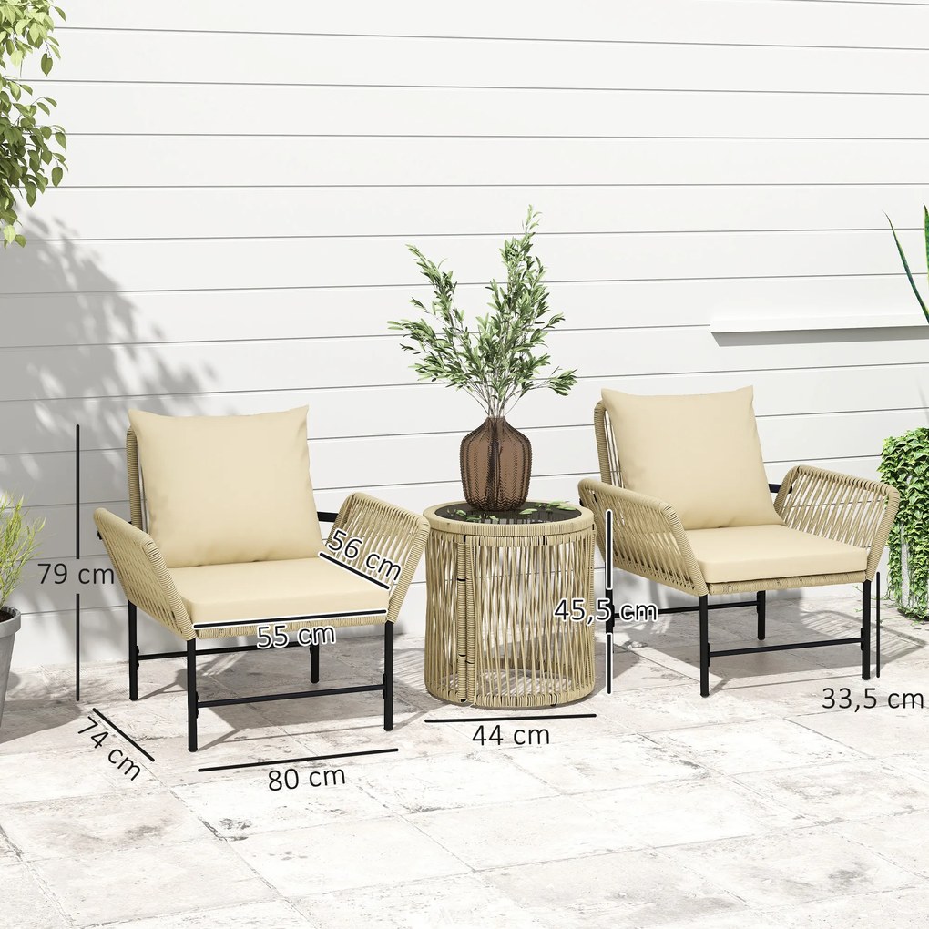 Outsunny Set mobilier de grădină din Polyrattan, mobilier outdoor pentru balcon pentru 2 persoane, 3 piese cu 2 scaune, măsuță laterală, perne | Aosom Romania