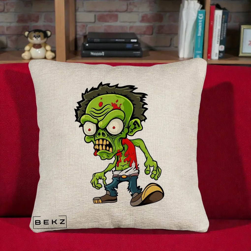 Perna Decorativa Zombie Halloween, 40x40 cm, Bej Canapea, Husa Detasabila, Perna Inclusa, BEKZ®
