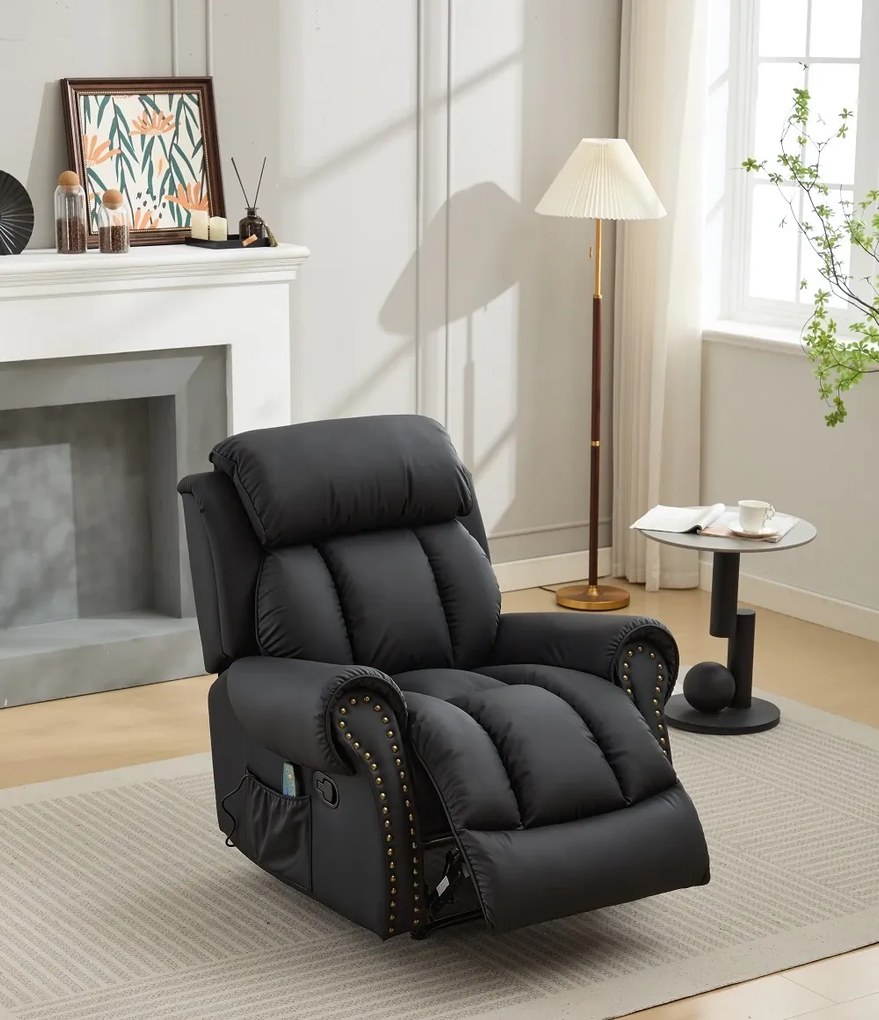 Fotoliu Masaj si Incalzire, Recliner, suport picioare extensibil, Air PU Premium, Negru