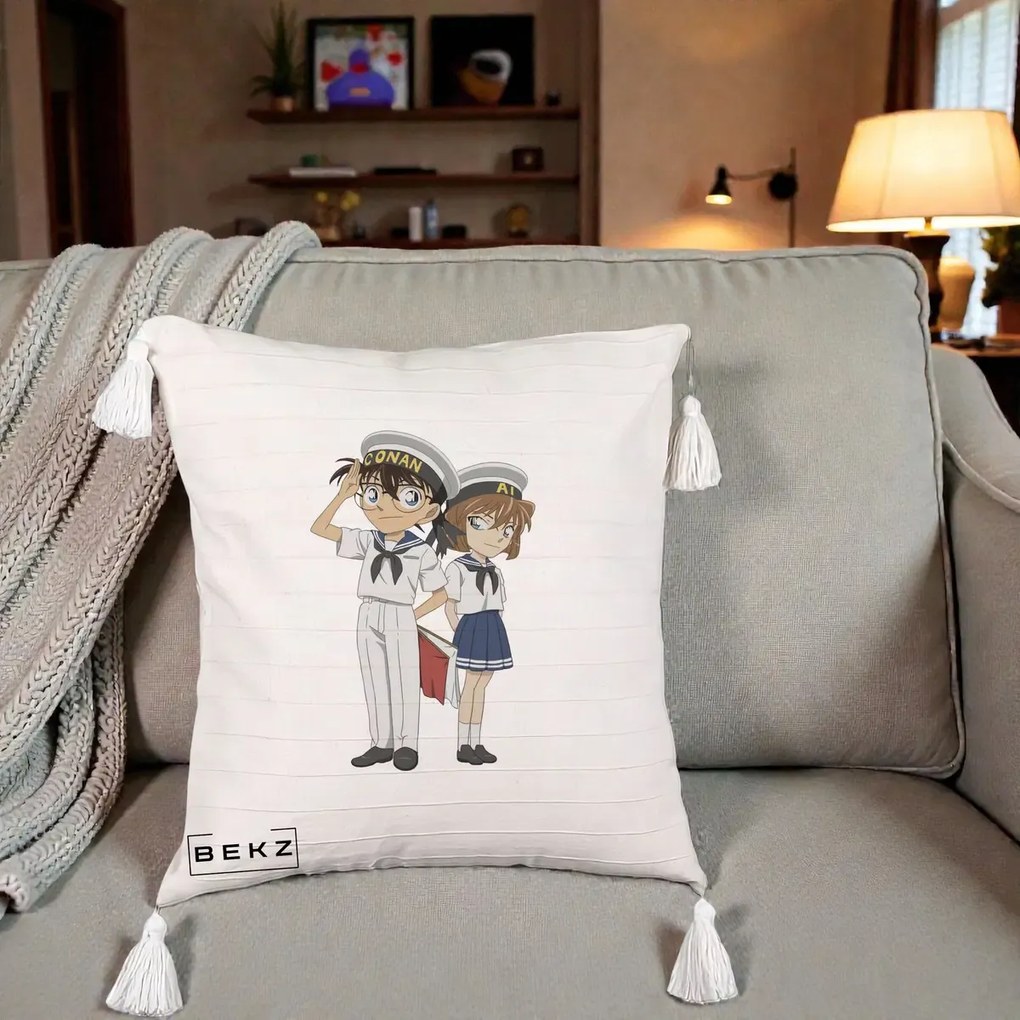 Perna Personalizata Detective Conan Conan si Ai Sailor, 40x40 cm, Bej cu Franjuri, Husa Detasabila, Perna Inclusa, BEKZ®