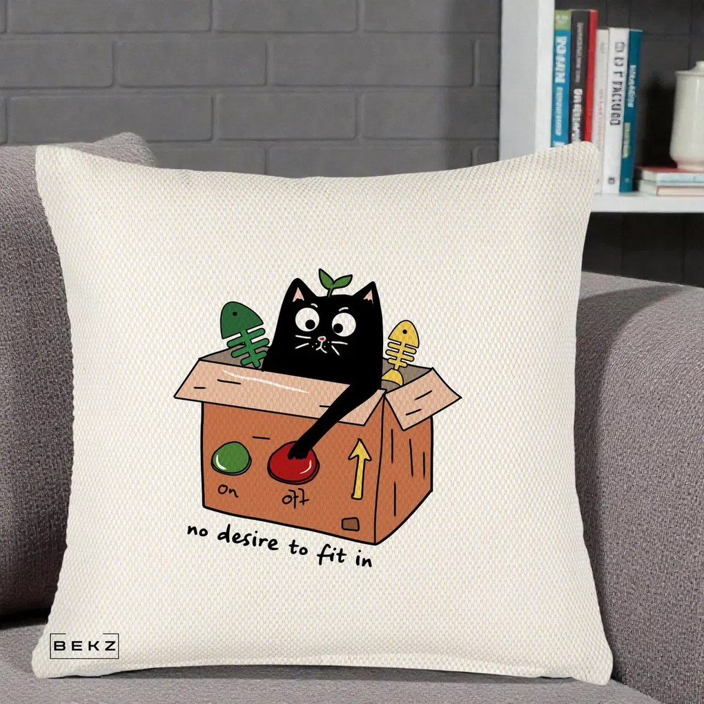 Perna Decorativa Pisica in Cutie No Desire to Fit In, 40x40 cm, Crem Reliefat, Husa Detasabila, Perna Inclusa, BEKZ®