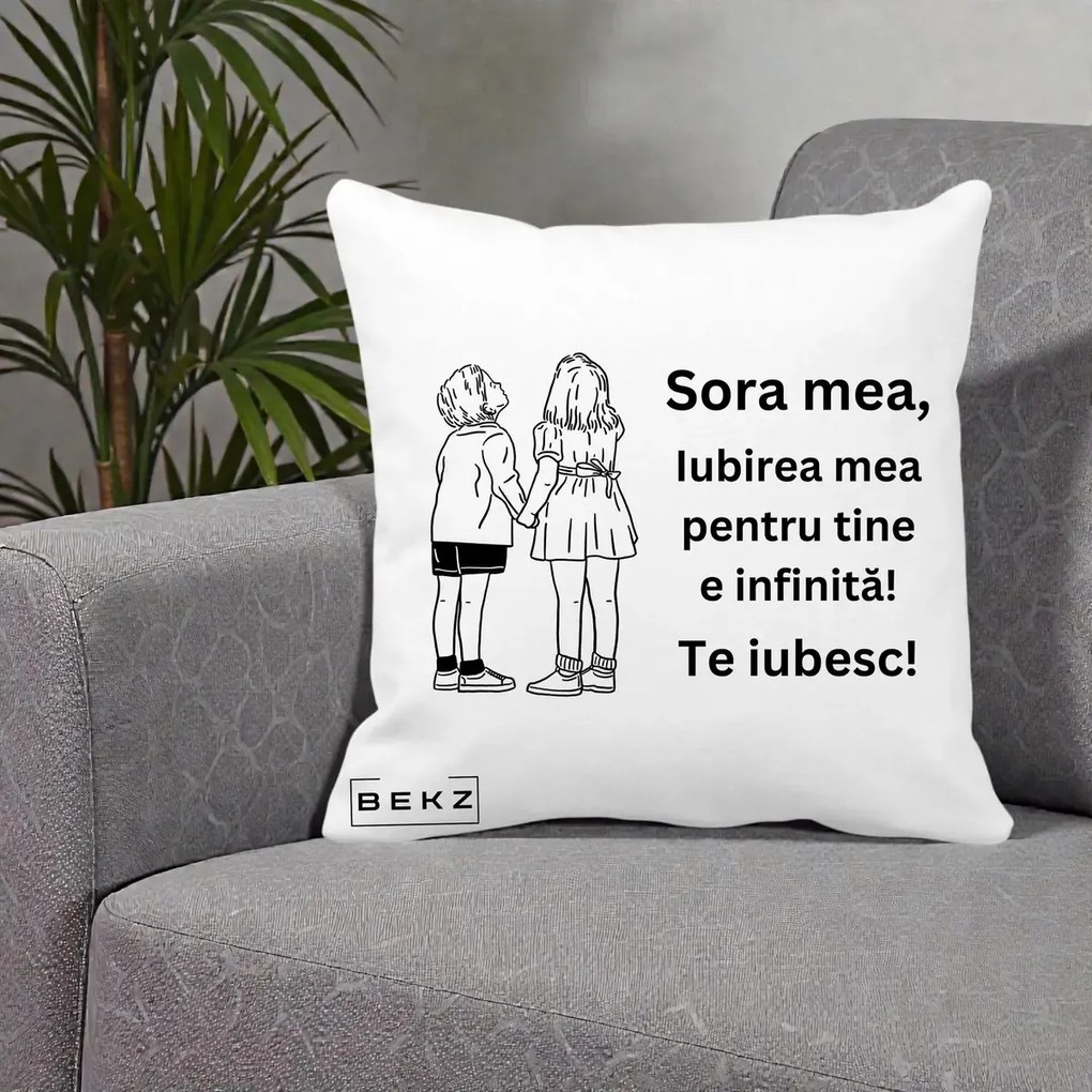 Cadou pentru Sora - Perna Personalizata Sora Mea Te Iubesc Copii Tinand Maini Line Art, 40x40 cm, Alba Mata, Husa Detasabila, Perna Inclusa, BEKZ®