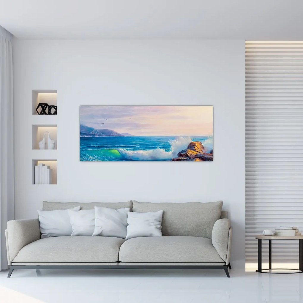 Tablou - Valuri lovind stânci, pictură în ulei (120x50 cm)