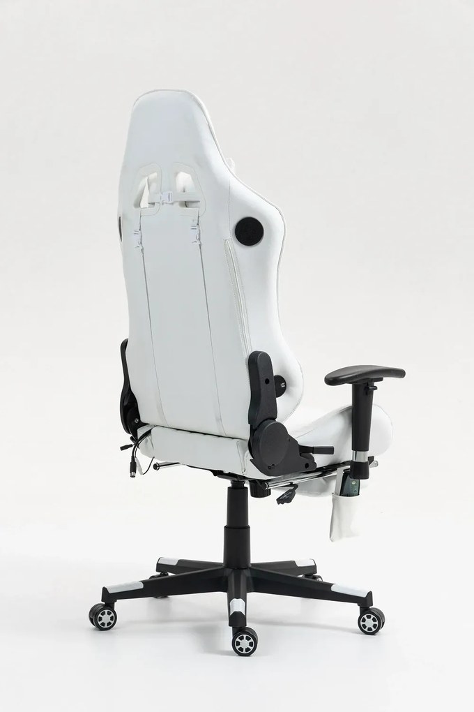 RESIGILAT- Scaun gaming, Masaj in 7 puncte, Boxe Bluetooth, funcție șezlong, 90-180 grade, suport picioare, sezut benzi elastice sustinere suplimentara, PU, Alb