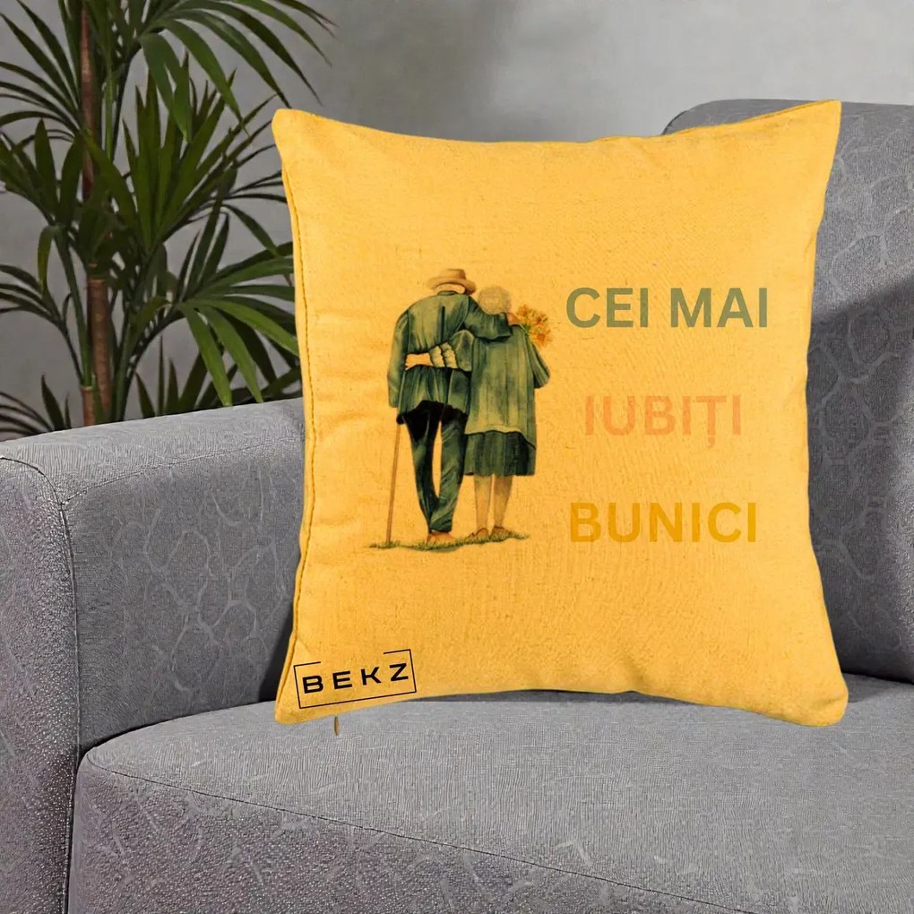 Cadou pentru Bunici - Perna Personalizata Cei Mai Iubiti Bunici Acuarela Spate, 40x40 cm, Galben, Husa Detasabila, Perna Inclusa, BEKZ®