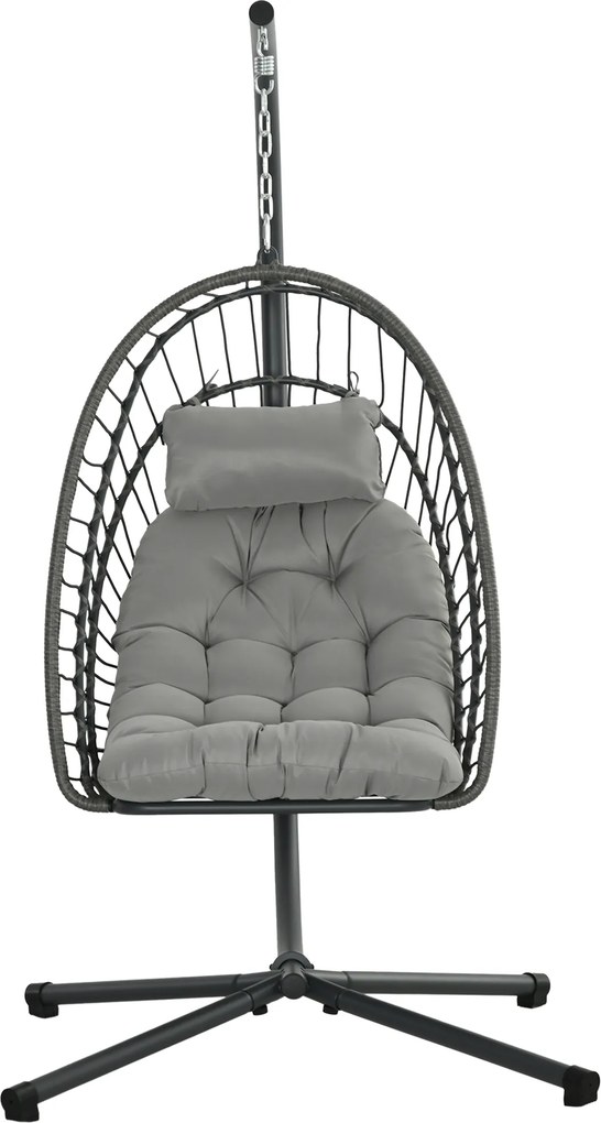 Outsunny Scaun Balansoar pentru Exterior cu Pernă Căptușită, Scaun Suspendat cu Coș Pliabil și Suport Metalic, 100x131x194 cm, Gri | Aosom Romania